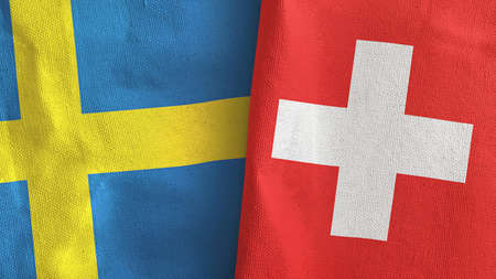 Switzerland and Sweden two flags textile cloth 3D renderingの写真素材
