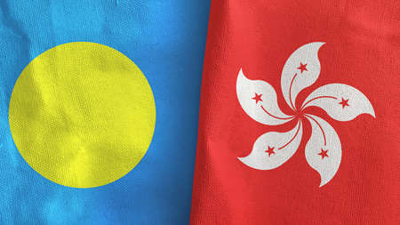 Hong Kong and Palau two flags textile cloth 3D renderingの写真素材