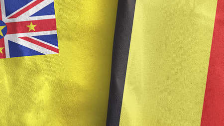 Belgium and Niue two flags textile cloth 3D renderingの写真素材