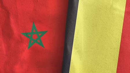 Belgium and Morocco two flags textile cloth 3D renderingの写真素材