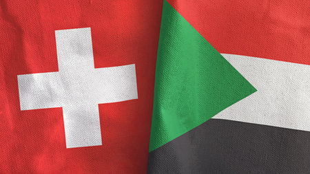 Sudan and Switzerland two flags textile cloth 3D renderingの写真素材