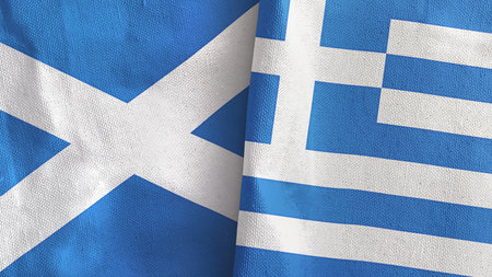 Greece and Scotland two flags textile cloth 3D renderingの写真素材