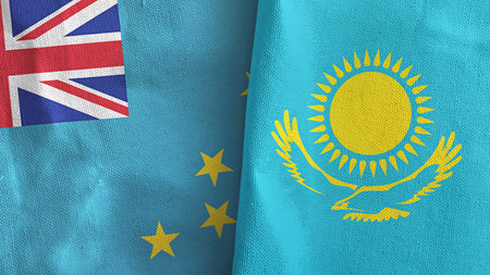 Kazakhstan and Tuvalu two flags textile cloth 3D renderingの写真素材