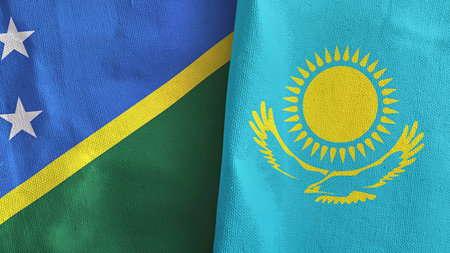 Kazakhstan and Solomon Islands two flags textile cloth 3D renderingの写真素材