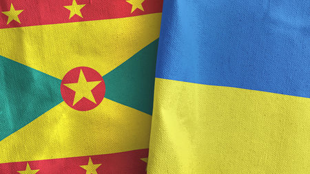 Ukraine and Grenada two flags textile cloth 3D renderingの写真素材