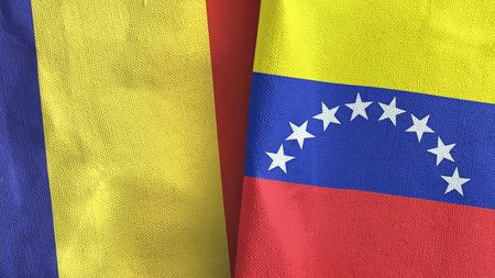 Venezuela and Romania two flags textile cloth 3D renderingの写真素材
