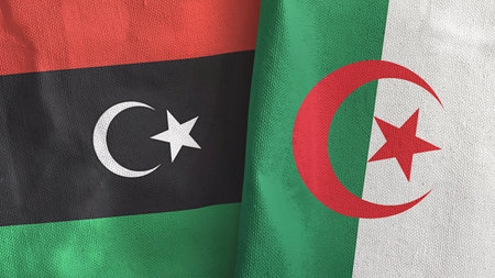 Algeria and Libya two flags textile cloth 3D renderingの写真素材