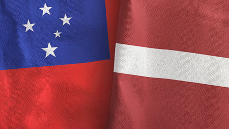 Latvia and Samoa two flags textile cloth 3D renderingの写真素材