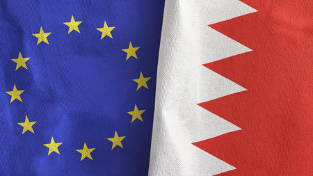 Bahrain and European Union two flags textile cloth 3D renderingの写真素材