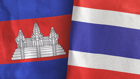 Thailand and Cambodia two flags textile cloth 3D renderingの写真素材
