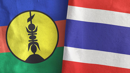 Thailand and New Caledonia two flags textile cloth 3D renderingの写真素材
