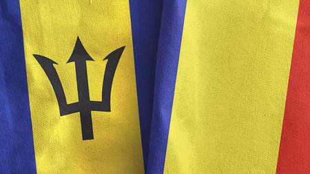 Romania and Barbados two flags textile cloth 3D renderingの写真素材