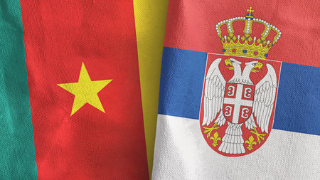 Serbia and Cameroon two flags textile cloth 3D renderingの写真素材