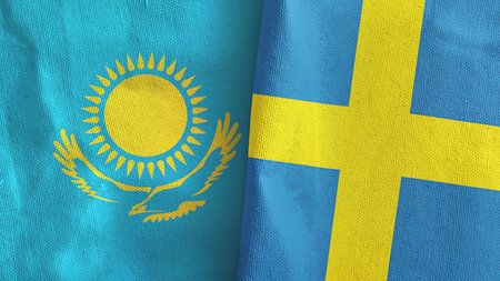 Sweden and Kazakhstan two flags textile cloth 3D renderingの写真素材