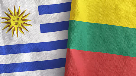 Lithuania and Uruguay two flags textile cloth 3D renderingの写真素材