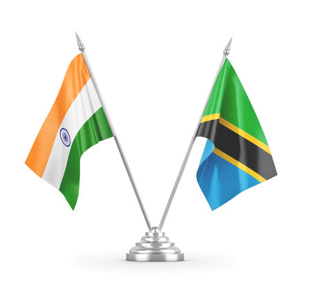 Tanzania and India table flags isolated on white 3D renderingの写真素材