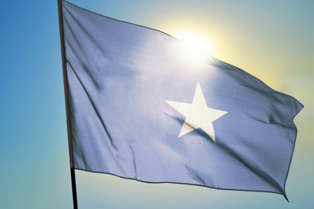 Somalia flag waving on the wind in front of sun