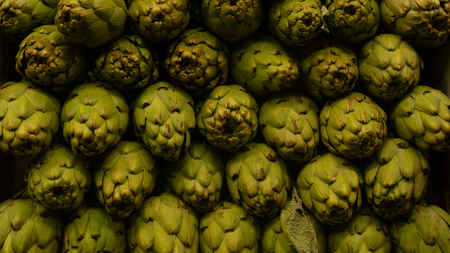 Bright Green Fresh Artichokes rows on marketの写真素材