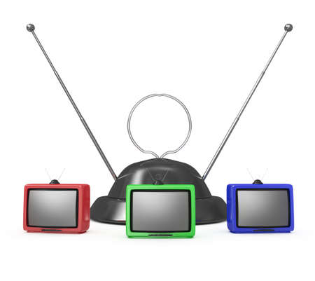 three TVs and an antenna isolated on white. television concept. 3d rendered image