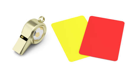 whistle and red and yellow cards isolated on white background  football refereeing concept  3d renderの写真素材