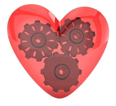 transparent heart and gears isolated on white  3d rendered imageの写真素材