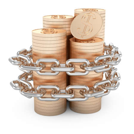 chained gold coins isolated on white  3d finance  protection conceptの写真素材