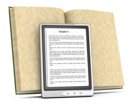 electronic reader and open book isolated on white  3d rendered image