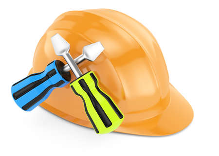 hard hat and screwdrivers isolated on white  3d rendered imageの写真素材