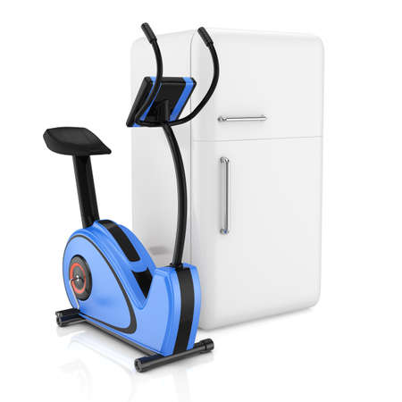 exercise bike and  refrigerator isolated on white  3d rendered image