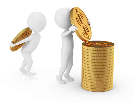 3d people stacking coins isolated on white の写真素材