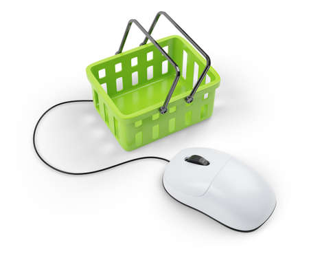 shoping cart and computer mouse isolated on white background  Internet market conceptの写真素材