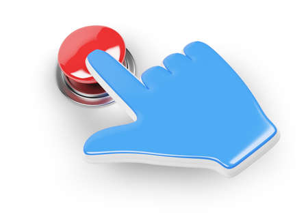 hand cursor and red button isolated on white background  3d rendered imageの写真素材