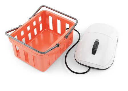 shoping basket and computer mouse isolated on white background  3d rendered imageの写真素材
