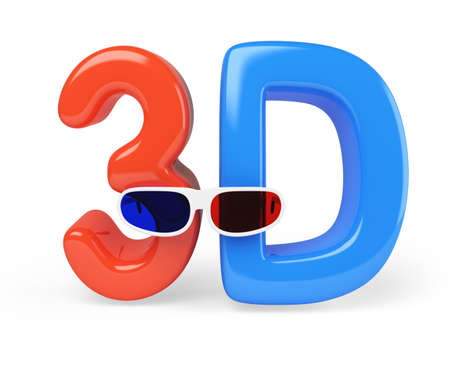 3d glasses and letters isolated on white background  Stereo movie concept