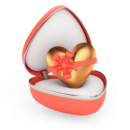 gift box with golden heart isolated on white background  3d renderの写真素材