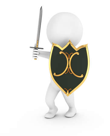 3d man with shield and sword on white background  の写真素材