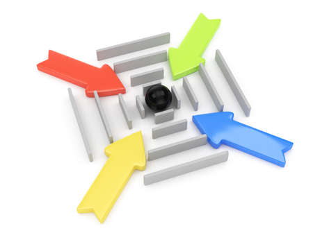 maze and colourful arrows on white background の写真素材