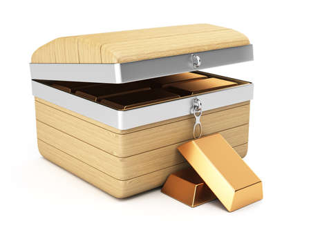 Wooden chest and gold bullions isolated on white background  3d rendering illustration