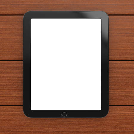 Tablet computer with blank screen on wooden background  3d rendering illustrationの写真素材