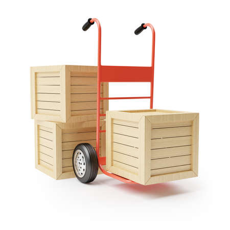 Hand truck and wooden boxes isolated on white background  3d rendering illustration
