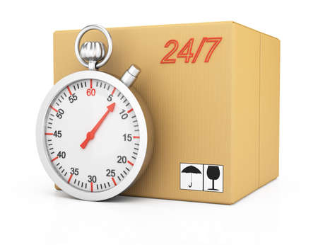 Cardboard box and stopwatch isolated on white background. 3d rendering illustrationの写真素材