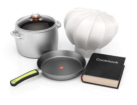 Cookbook and kitchenware isolated on white background  3d rendering illustrationの写真素材