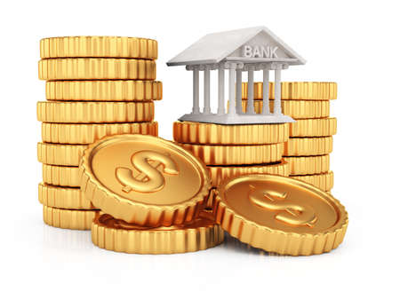 Coins stack and bank building isolated on white 3d rendering illustrationの写真素材