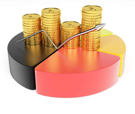 Pie chart and coins isolated on white backgroundの写真素材