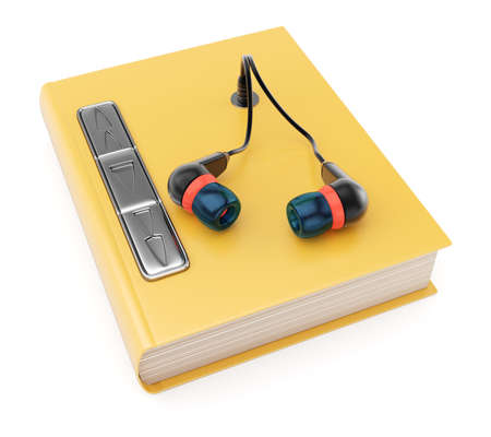 Book with headphones isolated on white backgound  Audiobook concept  3d rendering imageの写真素材