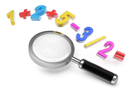 Magnifier and mathematical formula  Researching concept isolated on white background  3d rendering imageの写真素材