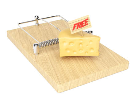 Mousetrap with free cheese isolated on white background. 3d rendering image