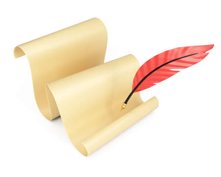 Rolling paper list and writing quill isolated on white background. 3d rendering imageの写真素材