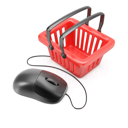 Computer mouse connected to shopping basket. Online store conceptの写真素材
