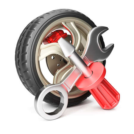 Car wheel with screwdriver and wrench isolated on white background. Service concept. 3d renderの写真素材
